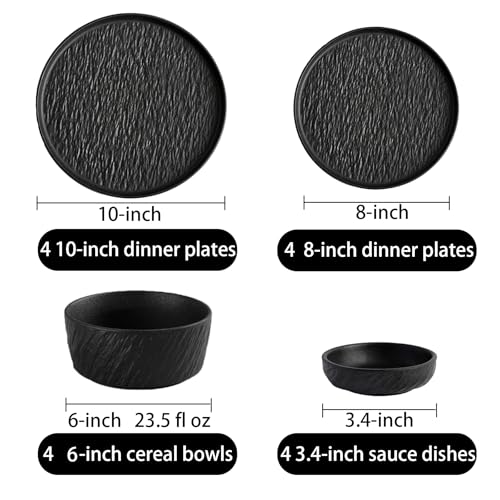 AOSIFIEL Ceramic Dinnerware set for 4, 16 pcs, Dish set for 4, Plates and Bowls Sets Porcelain, Dishware Sets Stoneware Dinner Plates Sets Platos de Cocina Vajilla - color: Black Rock-Textured（16pcs）
