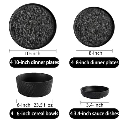 AOSIFIEL Ceramic Dinnerware set for 4, 16 pcs, Dish set for 4, Plates and Bowls Sets Porcelain, Dishware Sets Stoneware Dinner Plates Sets Platos de Cocina Vajilla - color: Black Rock-Textured（16pcs）