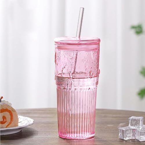 JunVpic Glass Coffee Tumbler, 20 oz Glass Cup with Lid and Straw | Pink glass design, Hammered Texture, reusable straw and lid for iced coffee, tea, smoothies and hot & cold drink - color: Pink, size: 20oz