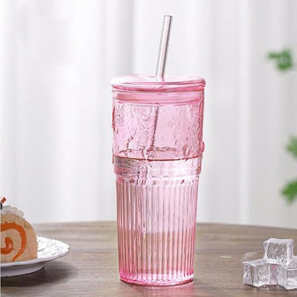 JunVpic Glass Coffee Tumbler, 20 oz Glass Cup with Lid and Straw | Pink glass design, Hammered Texture, reusable straw and lid for iced coffee, tea, smoothies and hot & cold drink - color: Pink, size: 20oz