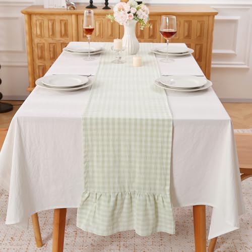 Pile Green White Plaid Gingham Ruffle Table Runner 72 inches Long 100% Washed Cotton Decorative Farmhouse Cabinet Cover (Pile Green, 72"x13") - color: Pile Green, size: 72"x13"