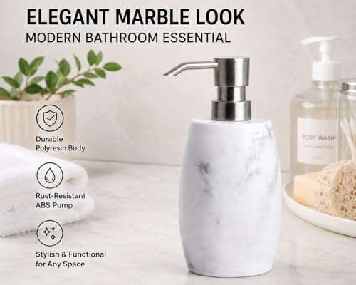 Clasin Home Resin Soap Dispenser Set 2, Refillable Hand Soap Dispenser with White Marble Look and Metallic Pump, Kitchen, Bathroom, Waterproof Labels (12 Oz) - color: White_2 Pcs