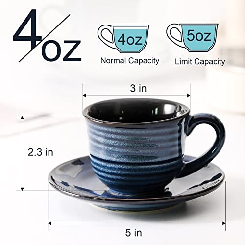 HASENSE Espresso Cups Set of 4, 4 Ounce Ceramic Cappuccino Cup with Saucers, Small Coffee Mugs for Espresso Shots, Cappuccino, Tea, Latte, Demitasse, Navy Blue - color: Navy Blue, size: 4oz - Set of 4
