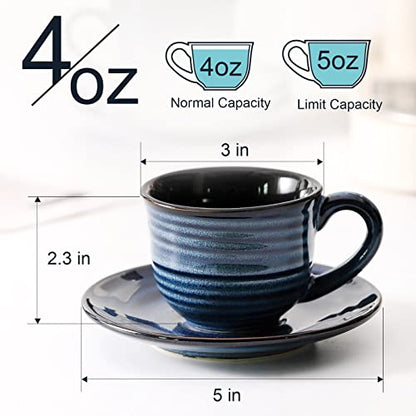 HASENSE Espresso Cups Set of 4, 4 Ounce Ceramic Cappuccino Cup with Saucers, Small Coffee Mugs for Espresso Shots, Cappuccino, Tea, Latte, Demitasse, Navy Blue - color: Navy Blue, size: 4oz - Set of 4