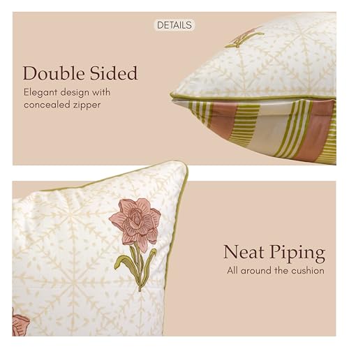 JBH Hand Block Print Reversible Throw Pillow Covers 18x18 Inch Set of 2 – Handmade Cotton Throw Pillow Cases (Dusty Pink, Green, Cream, 18x18Inch) - color: Dusty Pink, Green, Cream