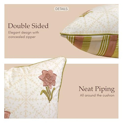 JBH Hand Block Print Reversible Throw Pillow Covers 18x18 Inch Set of 2 – Handmade Cotton Throw Pillow Cases (Dusty Pink, Green, Cream, 18x18Inch) - color: Dusty Pink, Green, Cream