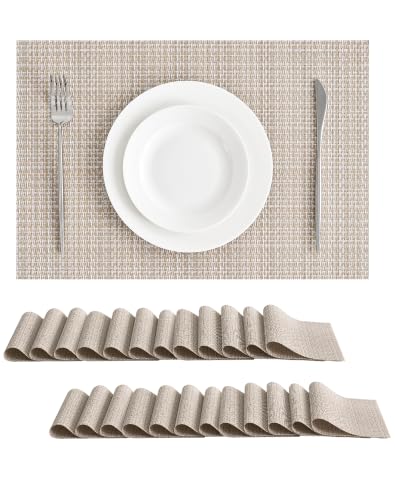 Leetaltree Woven Vinyl Placemats Set of 24, Beige | High Density, Basketweave Woven, Stain Resistant, Easy to Clean, Washable Table Mats for Indoor Dining and Outdoor Patio - color: 00- Beige, size: Set of 24