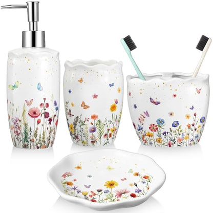 Ceramic Bathroom Accessories Set of 4, Wildflower Meadow Floral Decor with Butterflies & Gold Speckles, Soap Dispenser Pump, Toothbrush Holder, Tumbler Cup & Soap Dish for Countertop Vanity - style: Wildflower