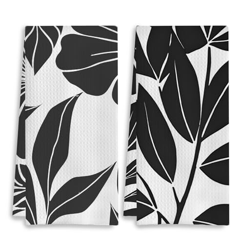 Boho Black and White Kitchen & Bath Towels Set, 2 x 16x24 Inch Floral Dish & Hand Towels - color: 24- Abstract Towels