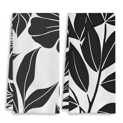 Boho Black and White Kitchen & Bath Towels Set, 2 x 16x24 Inch Floral Dish & Hand Towels - color: 24- Abstract Towels