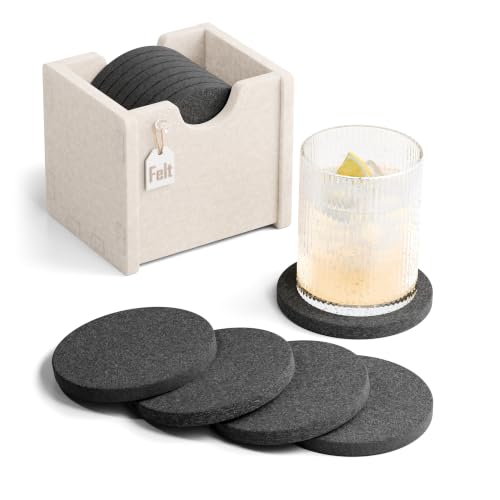 Fluxynara Felt Coasters with Holder, Set of 8 for Drinks, Black | Round Felt Coasters, Absorbent, Heat-Resistant & Reusable for Drinks, Ideal for Coffee Tables and Living Rooms, 3.94 Inch - color: Black, size: Round - 8 Count