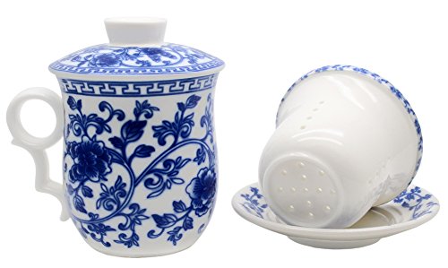 Porcelain Tea Cup with Infuser Lid and Saucer Sets - Chinese Jingdezhen Ceramics Coffee Mug Teacup Loose Leaf Tea Brewing System for Home Office - color: Wealth Blue and White