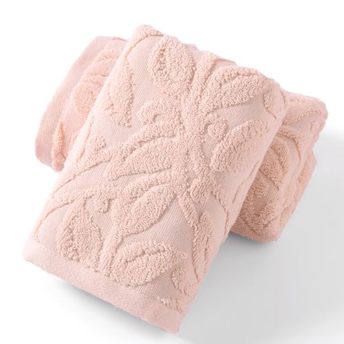YiLUOMO Pink Embossed Floral Pattern Hand Towel Set of 2 Super Soft Highly Absorbent 100% Cotton Decorative Hand Towels for Bathroom Home Everyday Use 13x 29 Inch - color: Pink
