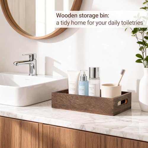 Mkono Bathroom Basket, Wood Toilet Paper Storage, Rustic Home Decor, Brown | Back of Toilet Basket, Farmhouse Organizer, Built-in Handles, Bathroom Living Room Bedroom Office Vanity Kitchen Shelf