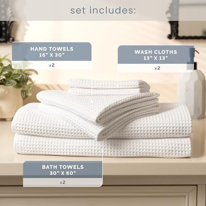 S&T INC. Aura Waffle Bath Towel Set, 6 Pieces, White | 2 Bath Towels, 2 Hand Towels, 2 Wash Cloths, Absorbent Microfiber, Quick-Dry and Lightweight, 420GSM - color: White
