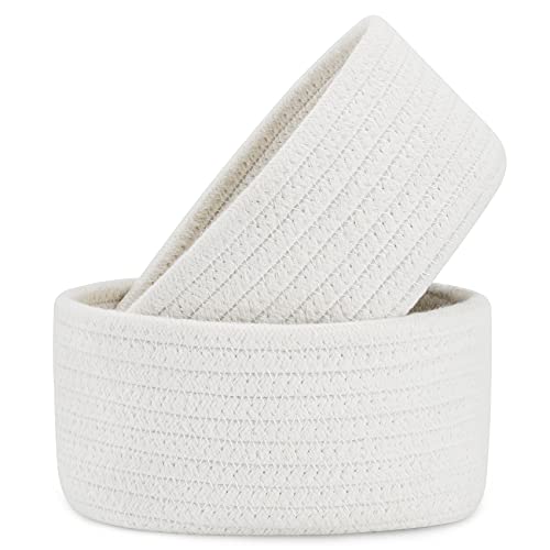 【2 Pack】 ABenkle Small Storage Baskets, Natural Cotton Rope Woven Baskets for Organizing, Tiny Oval Storage Easter Baskets, Small Basket, Cat Dog Toy Baskets, Bathroom Organization Bin - color: White