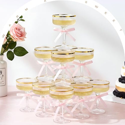 Set of 24 Plastic Champagne Coupe Glasses with Bow 7 oz Gold Champagne Tower Set Stackable Acrylic Ribbed Martini Glasses Cocktail Coupe Cup for Wedding Birthday Party Bar(Bowknot,Pink) - color: Pink, style: Bowknot