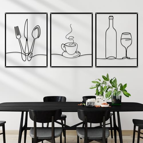 Otoolling 3 Pcs Metal Kitchen Wall Art Line 14x11,Dining Room,Black | Minimalist Line Art with Fork Knife Coffee Wine Motifs, Rustic Decor for Dining Living Bathroom, Metal Frame on Black - color: Black, style: Dining Room