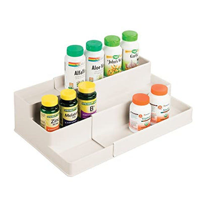 mDesign Plastic Expandable 3-Tier Shelf Rack Organizer - Storage for Bathroom Vanity, Cabinet, Cupboard, Drawer - Holds Medicine, Vitamins, Supplements, Cosmetics - Ligne Collection - Cream/Beige - color: Cream