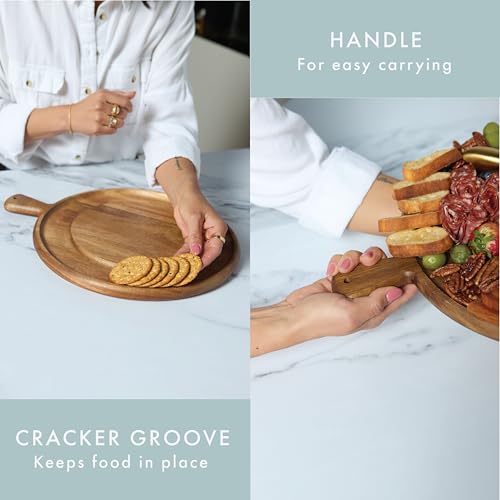 Charcuterie Board - Round Acacia Wood Cutting Board for Kitchen with Groove & Handle, Cheese Board for Vegetables, Bread, Fruits, Meat - Decorative Wooden Serving Tray House Warming Gift - size: 16"L x 13"W