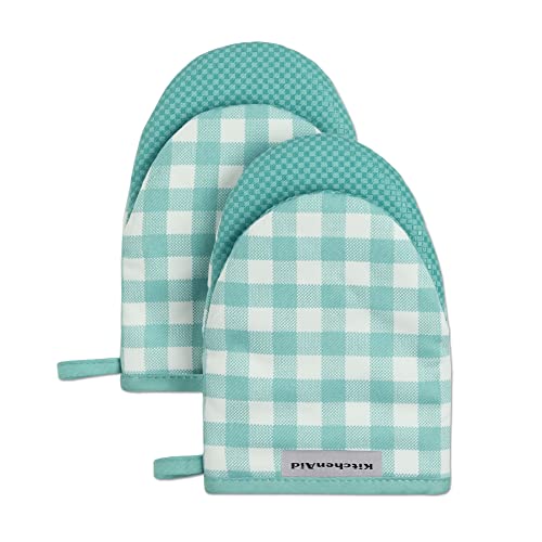 KitchenAid Gingham Mini Oven Mitt 2-Pack Set, Aqua Sky, 5.5"x8" - color: Aqua Sky