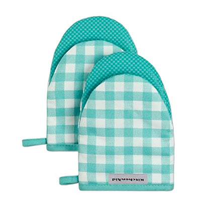 KitchenAid Gingham Mini Oven Mitt 2-Pack Set, Aqua Sky, 5.5"x8" - color: Aqua Sky