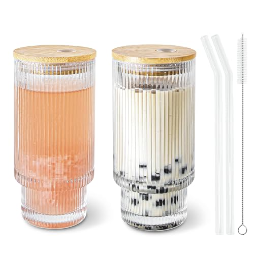 Glass Cups with Lids and Straws 16oz Ribbed Glass Tumbler with Straw | Vintage Drinking Glasses with Bamboo Lid, Cute Stackable Coffee Cups for Hot Cold Beverage Home Kitchen - color: 16oz Ribbed*2, size: 16oz