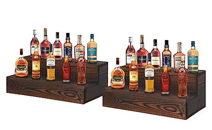 Liquor Bottle Display Shelf, 2 Pack Wood Bar Shelves, Tabletop Wine Rack, Bottle Stand for Liquor Display, Home Bar Display