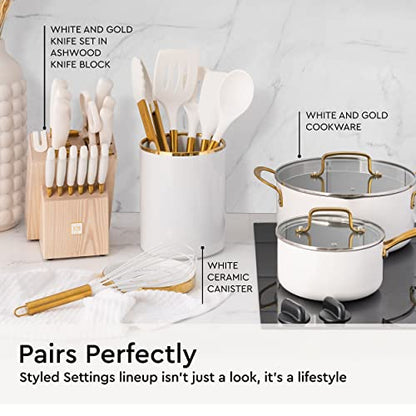 Gold Kitchen Utensils Set – 6 PC White Silicone and Gold Cooking Utensils with Spatula, Whisk, Tongs, Spoons, Cooking Tools for Nonstick Cookware – Luxury Kitchen Accessories for Home Chefs | White Silicone and Gold Cooking Utensils with Spatula, Whisk, T