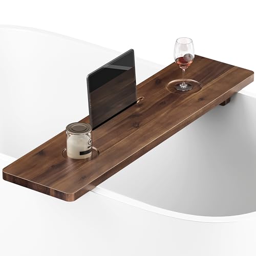 TINAMO 35”L Wood Bathtub Tray with Wine and Tablet/Phone Slot, Walnut Color | Acacia Wood, 35" x 9" x 2.5", Adjustable Width, Beveled-Edge Design, Easy Assembly, Fits Most Freestanding Tubs, Walnut Color - color: Walnut, size: 35" x 9" x 2.5"