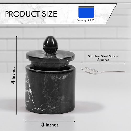 Marble Salt Cellar with Lid 4" Inch Black Handmade Salt Jar & Spice Storage Containers For Kitchen Countertop, Ideal Sugar Bowl & Salt dish For Table - color: Black