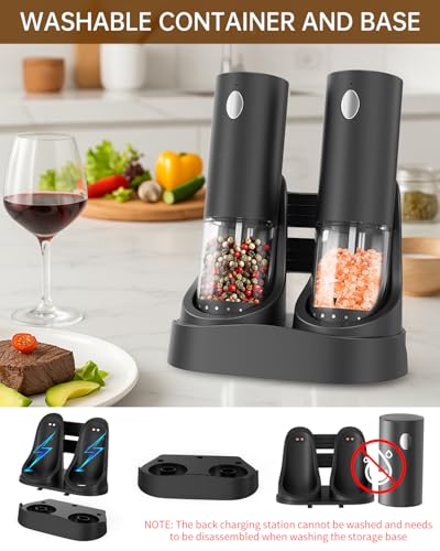 CIRCLE JOY Electric Salt and Pepper Grinder Set Automatic Salt and Pepper Grinder Set with Easy-to-Carry Charging Base and LED Light, USB Rechargeable, Upgrade External Adjustable Coarseness - color: Black