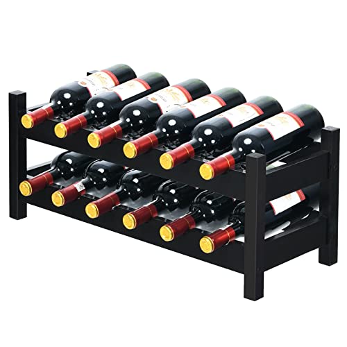 HAPPYGRILL Wine Rack, Free Standing 12 Bottles 2-Tier Wine Display Rack, Bamboo Wine Storage Rack Tabletop Wine Rack, Brown - color: Brown