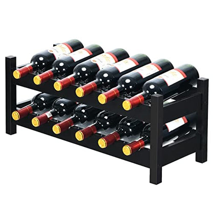 HAPPYGRILL Wine Rack, Free Standing 12 Bottles 2-Tier Wine Display Rack, Bamboo Wine Storage Rack Tabletop Wine Rack, Brown - color: Brown