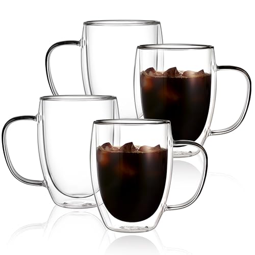 CNGLASS 12oz Double Walled Glass Coffee Mugs(4-pack),Insulated Glass Mugs with Handle,Clear Espresso Cups for Latte,Cappuccino,Tea Bag - color: 12oz(4-pack)