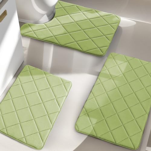 Bathroom Rug Sets 3 piece, Ultra Soft Memory Foam Bath Mat Non Slip, Machine Wash Bathroom Mat Set Water Absorbent for Bathroom, Toilet (Green) - color: Green, size: 3 pieces