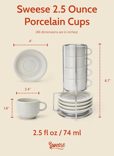 Sweese Porcelain Espresso Cups Set, 2.5 oz, with Saucers, Metal Stand, Stackable - Dove Grey, 4 Pack - color: Dove Grey, size: 2.5 Ounces