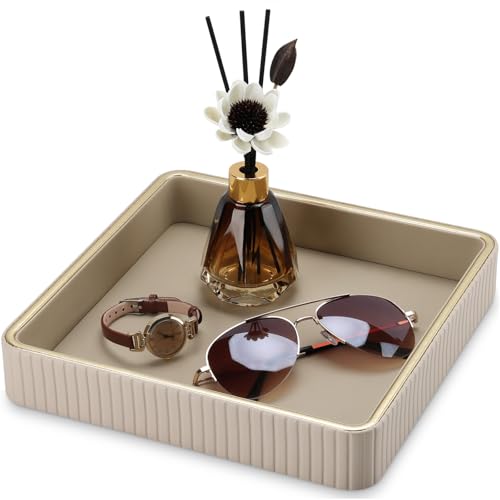 GORESE Square Perfume Tray Nightstand Organizer, PU Leather Purse Bowl Jewelry Trays for Dresser, Trinket Dish Catchall Bowl for Keys, Decorative Vanity Tray, Gift for Women, Beige(9.3'' × 9.3'') - color: Beige