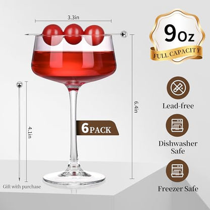 KMIGRUAN Martini Glasses Set of 6, 9oz Coupe Glasses, Hand Blown Crystal Cocktail Glasses for Espresso Martini, Manhattan,Home Bar,Gift Set - style: Coupe Martini Glasses