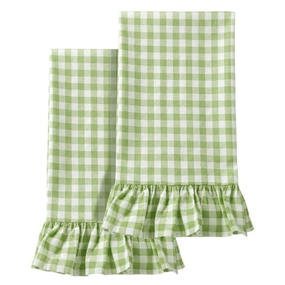 HunnmingRe Mint Green Kitchen Towels Set of 2, 100% Cotton Ruffled Gingham Dish Towels 18"x28" Tea Cloths Classic Plaid Pattern for Farmhouse Charm, Drying Dishes, Entertaining Guests - color: Mint Green, style: Gingham