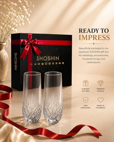 SHOSHIN Hand-Cut Crystal Stemless Champagne Flutes Set of 4, Handmade Mimosa & Sparkling Wine Glasses, 9.5 oz Toasting Glasses with Artisan Agave Pattern, Gift Box Included - color: Agave