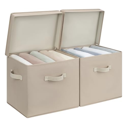 StorageWorks Storage Bins with Lid, Decorative Fabric Storage Bins with Handles, Stackable Closet Organizers for Shelves and Bedroom, Large, Light Brown, 2-Pack - color: Light Brown, size: 15"L x 11 ¼"W x 12 ½"H