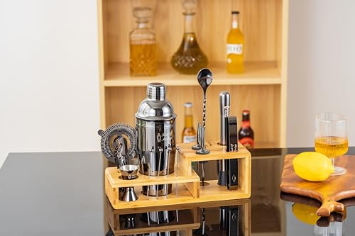 Bartender Kit with Cocktail Shaker, Stylish Bamboo Stand, Liquor Pourers for an Perfect Drink Mixing Experience - 14 Piece Barware Essentials Cocktail Shaker Set (Dark Metallic) - color: Dark Metallic