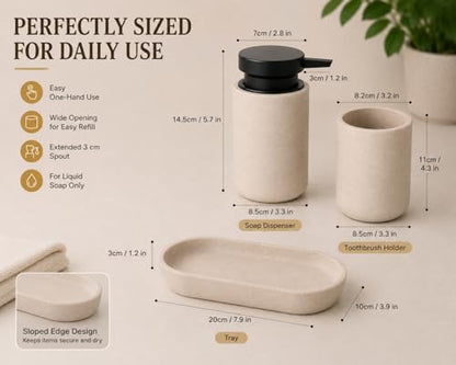 Clasin Home 3 Pcs Bathroom Accessories Set, Liquid Soap Dispenser with Large Pump, Toothbrush Holder Cup and Soap Dish, Sandstone Texture Bathroom Counter Set for Modern Home (Beige) - color: Beige