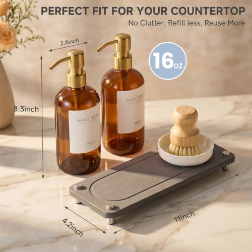 Kitchen Soap Dispenser Set, 2 Pack 16oz Amber Glass Dish Soap and Hand Soap Dispenser with Gold Stainless Steel Pumps, Quick Dry Tray, Dish Brush & Holder, Refillable Soap Dispenser for Kitchen Sink