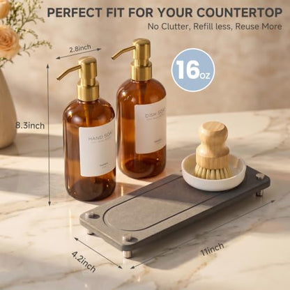 Kitchen Soap Dispenser Set, 2 Pack 16oz Amber Glass Dish Soap and Hand Soap Dispenser with Gold Stainless Steel Pumps, Quick Dry Tray, Dish Brush & Holder, Refillable Soap Dispenser for Kitchen Sink