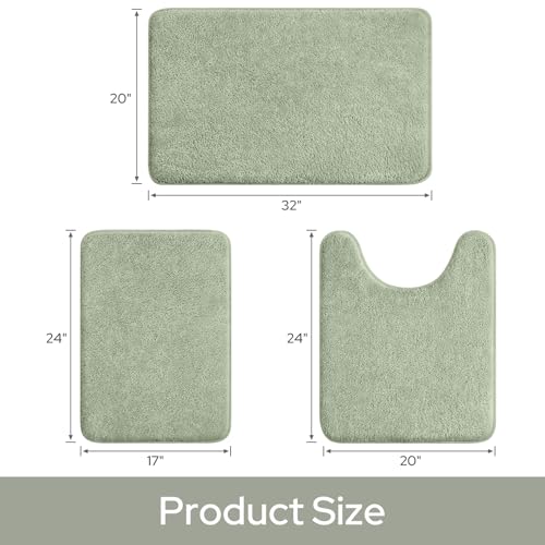 HOMEIDEAS Upgraded Bathroom Rugs Set 3 Piece, Ultra Soft Memory Foam Bath Mats, Super Absorbent Non Slip Washable U-Shaped Toilet Bath Rug (Sage Green, 17"x24"+20"x32"+U-Shaped 20"x24") - color: Sage Green