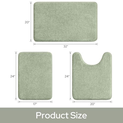 HOMEIDEAS Upgraded Bathroom Rugs Set 3 Piece, Ultra Soft Memory Foam Bath Mats, Super Absorbent Non Slip Washable U-Shaped Toilet Bath Rug (Sage Green, 17"x24"+20"x32"+U-Shaped 20"x24") - color: Sage Green