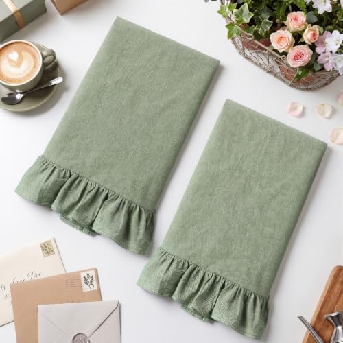 HunnmingRe Sage Green Kitchen Towels Set of 2, 100% Cotton Retro Ruffled Dish Towels 18"x28" Absorbent Tea Cloths for Farmhouse Charm, Drying Dishes, Entertaining Guests - color: Sage Green, style: Retro
