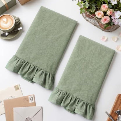 HunnmingRe Sage Green Kitchen Towels Set of 2, 100% Cotton Retro Ruffled Dish Towels 18"x28" Absorbent Tea Cloths for Farmhouse Charm, Drying Dishes, Entertaining Guests - color: Sage Green, style: Retro